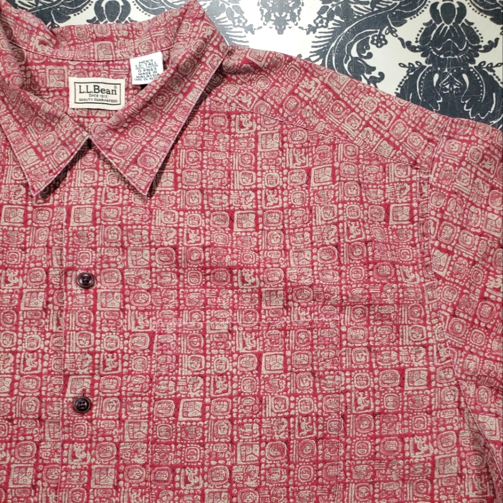 Vintage ll bean mens red tribal Hawaiian shirt